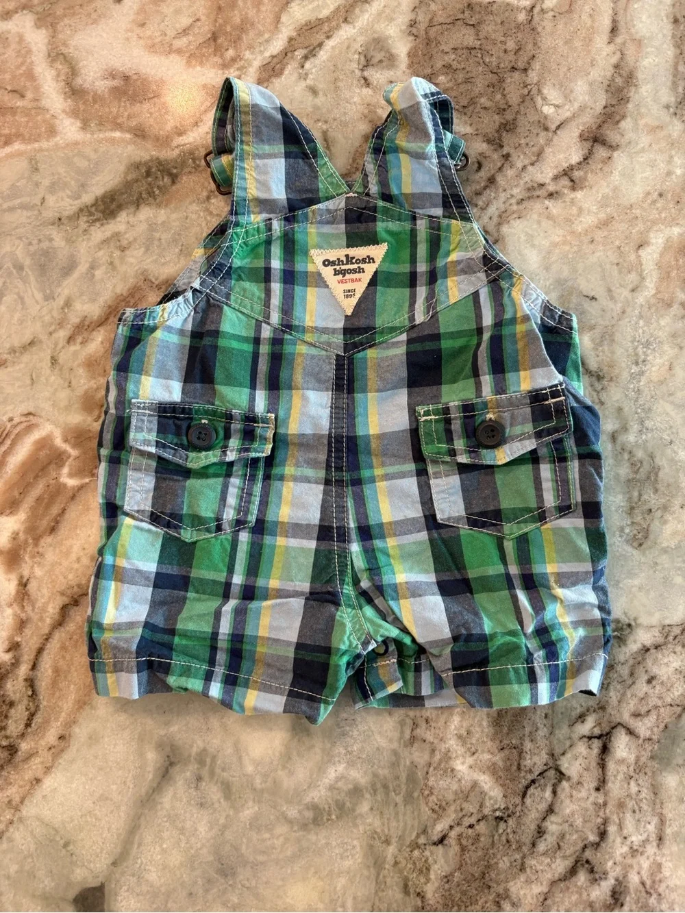 OshKosh Boys Preppy Plaid Overall Shorts Vestbak Cotton Blue Green 3 Months